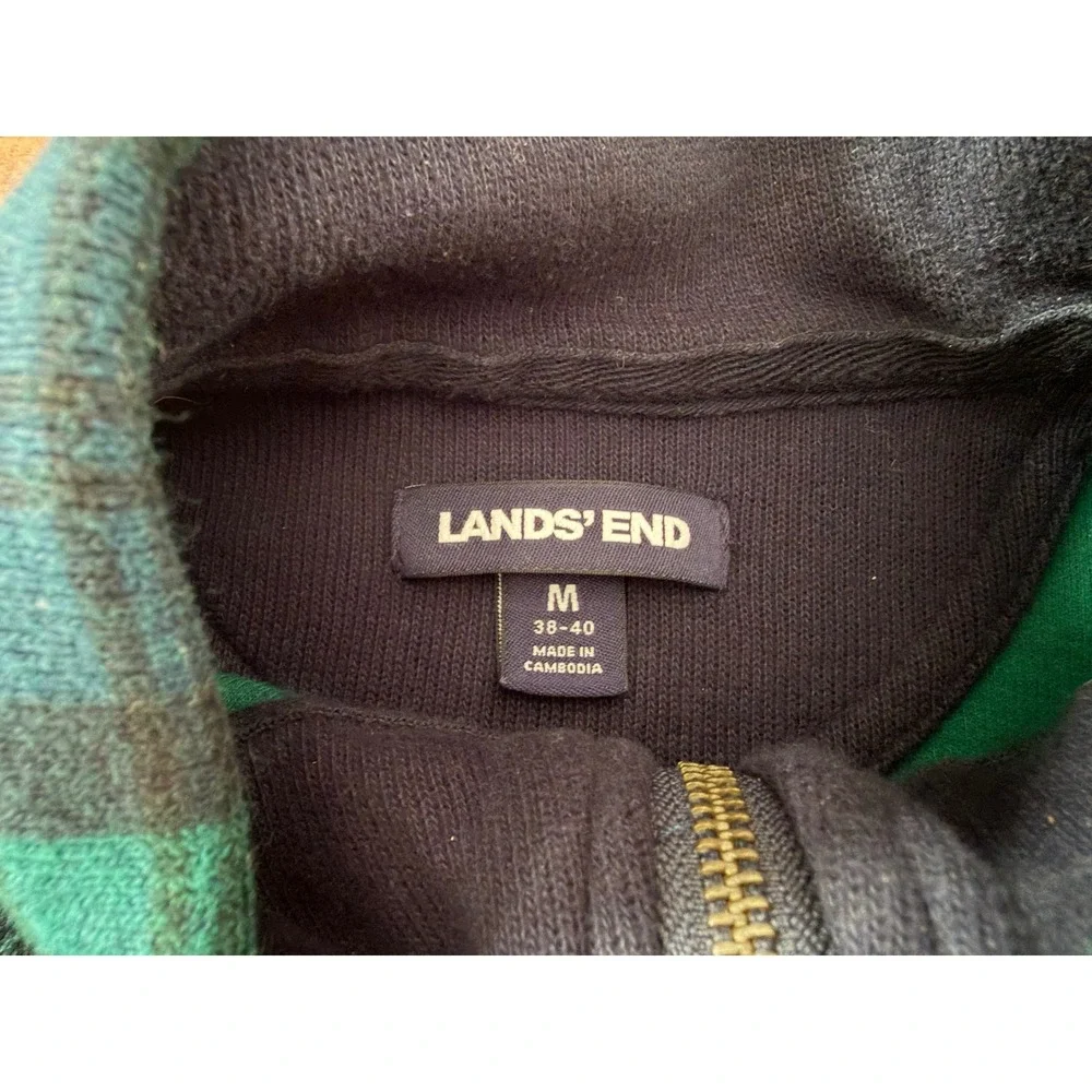 Lands End Mens Medium Plaid Quarter Zip Pullover Green Navy Blue 100% Cotton